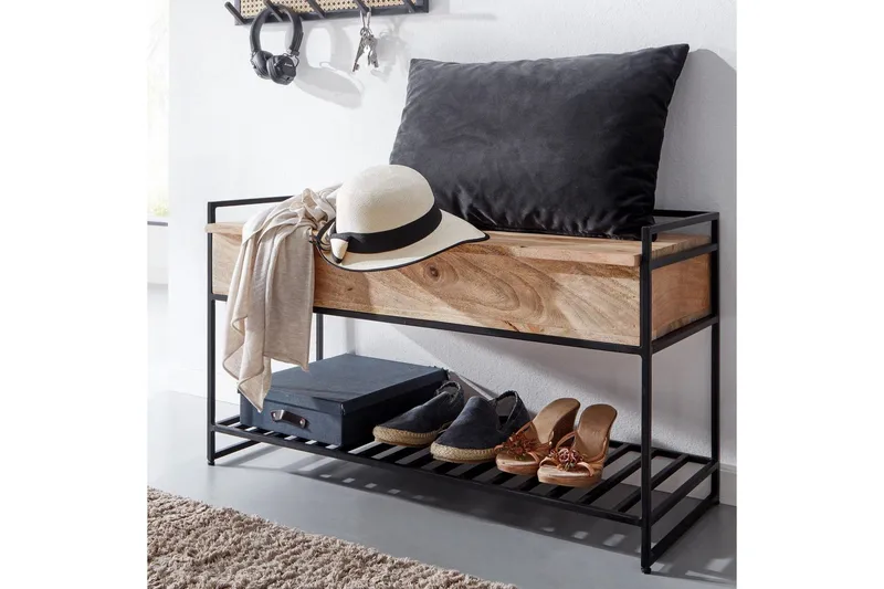 Benke Wohnling industrielt utseende med stor lagringsplass i massivt tre og åpen skohylle Beige - Beige - Møbler - Bord - Avlastningsbord & sidobord - Brettbord og småbord
