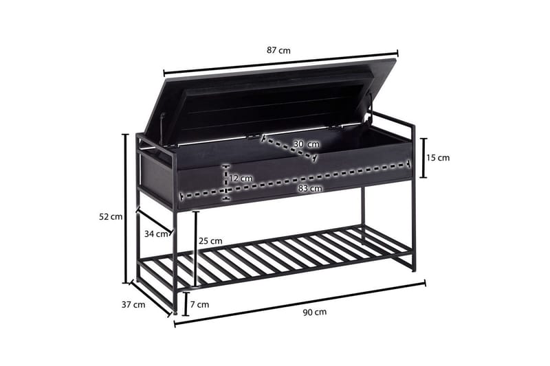 Benke Wohnling industrielt utseende med stor lagringsplass i massivt tre og åpen skohylle Svart - Svart - Møbler - Bord - Avlastningsbord & sidobord - Lampebord & sidebord