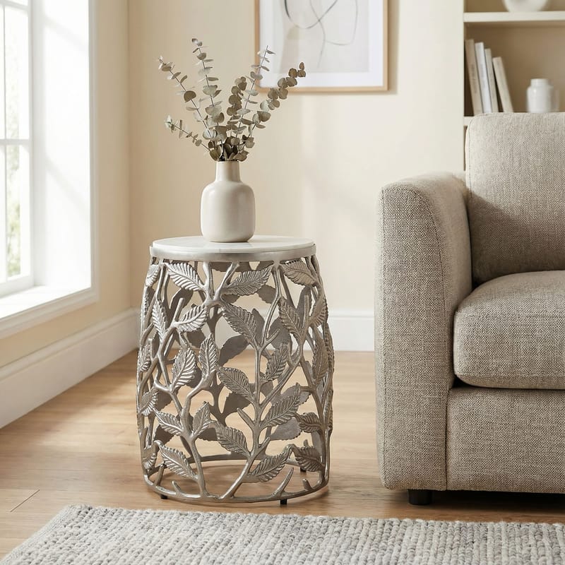 Ceron Rundt sidebord 40 cm med marmortopp - hvit sølv - Møbler - Bord - Avlastningsbord & sidobord - Brettbord og småbord