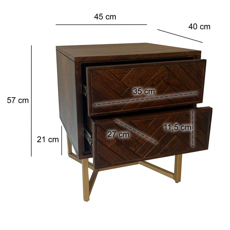 Corora nattbord 45 cm industriell stil - varm mørkebrun og gull - Møbler - Bord - Avlastningsbord & sidobord - Sengebord & nattbord