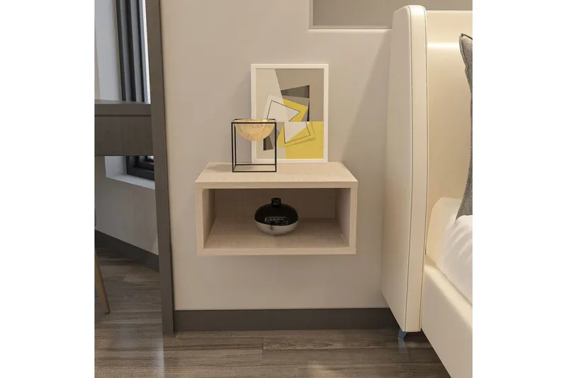 Dora Vegghengt Nattbord 45 cm med Tre- og Eikeutseende, Oppbevaring med Hylle, Beige