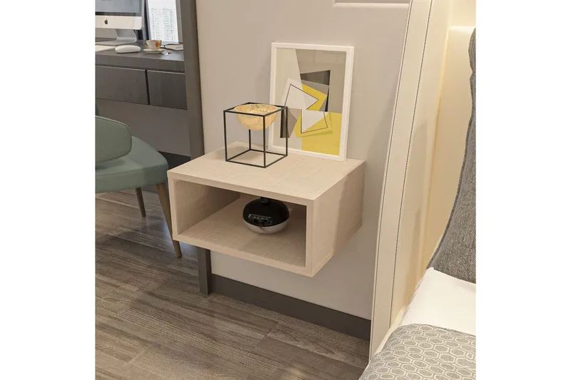 Dora Vegghengt Nattbord 45 cm med Tre- og Eikeutseende, Oppbevaring med Hylle - Beige - Møbler - Bord - Avlastningsbord & sidobord - Sengebord & nattbord