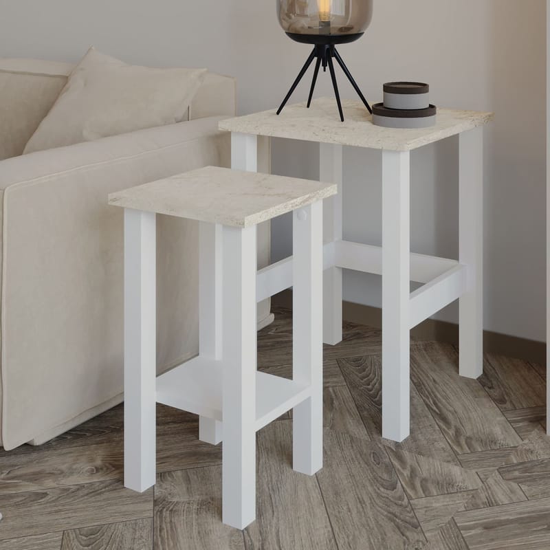 Ginallie Sidebord sett 45x60 cm - Hvit og travertin - Møbler - Bord - Avlastningsbord & sidobord - Brettbord og småbord