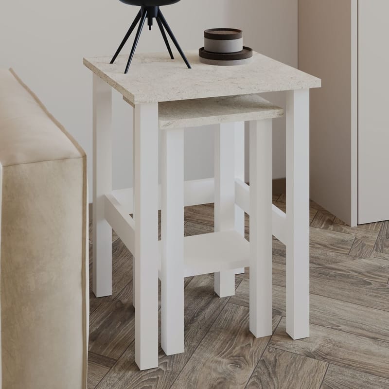 Ginallie Sidebord sett 45x60 cm - Hvit og travertin - Møbler - Bord - Avlastningsbord & sidobord - Brettbord og småbord