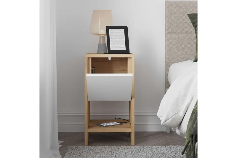 Haelyn Nattbord 30 cm med Tre- og Eikeutseende, Oppbevaring med Hylle - Natur/Hvit - Møbler - Bord - Avlastningsbord & sidobord - Sengebord & nattbord