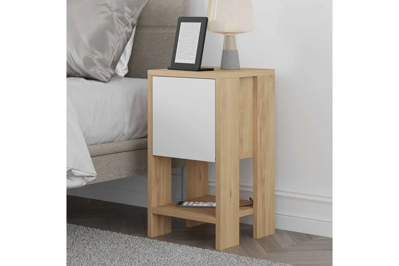 Haelyn Nattbord 30 cm med Tre- og Eikeutseende, Oppbevaring med Hylle - Natur/Hvit - Møbler - Bord - Avlastningsbord & sidobord - Sengebord & nattbord