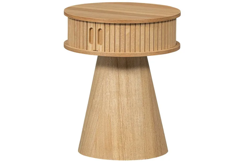 Karri Rundt Nattbord 38 cm med Oppbevaring i Tre med Eikeutseende, Trefarget