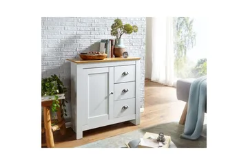 Kommode Wohnling med 3 skuffer 2 dører to-farget hvitt eik landlig stil - Oppbevaring - Oppbevaringsmøbler - Kommode - Entrekommode