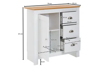 Kommode Wohnling med 3 skuffer 2 dører to-farget hvitt eik landlig stil - Oppbevaring - Oppbevaringsmøbler - Kommode - Entrekommode