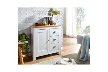 Kommode Wohnling med 3 skuffer 2 dører to-farget hvitt eik landlig stil - Møbler - Bord - Avlastningsbord & sidobord - Konsollbord & gangbord