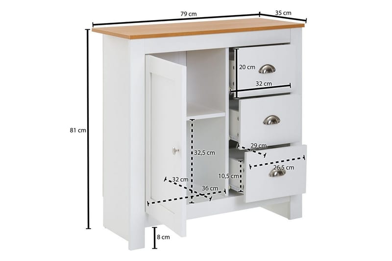 Kommode Wohnling med 3 skuffer 2 dører to-farget hvitt eik landlig stil - Møbler - Bord - Avlastningsbord & sidobord - Konsollbord & gangbord