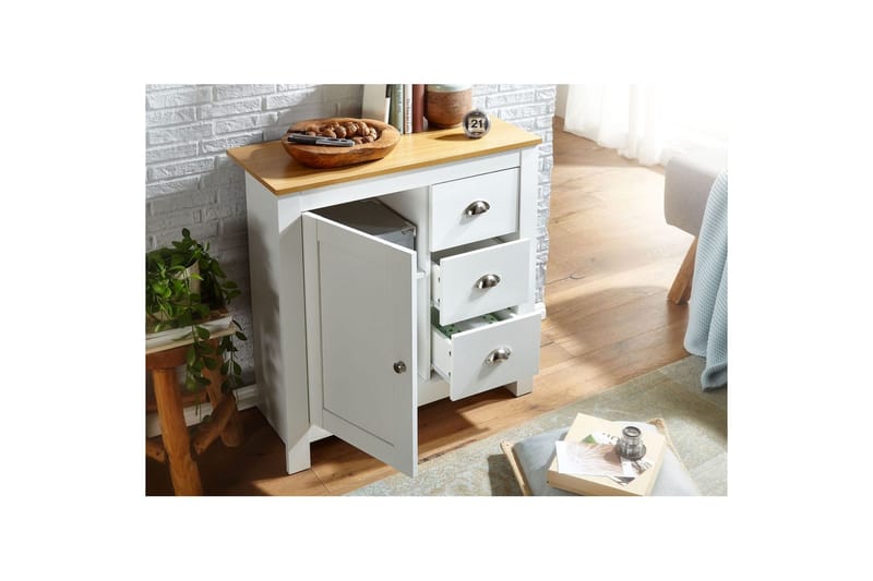 Kommode Wohnling med 3 skuffer 2 dører to-farget hvitt eik landlig stil - Møbler - Bord - Avlastningsbord & sidobord - Konsollbord & gangbord