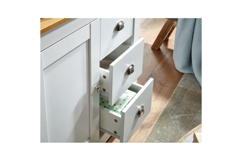 Kommode Wohnling med 3 skuffer 2 dører to-farget hvitt eik landlig stil - Møbler - Bord - Avlastningsbord & sidobord - Konsollbord & gangbord
