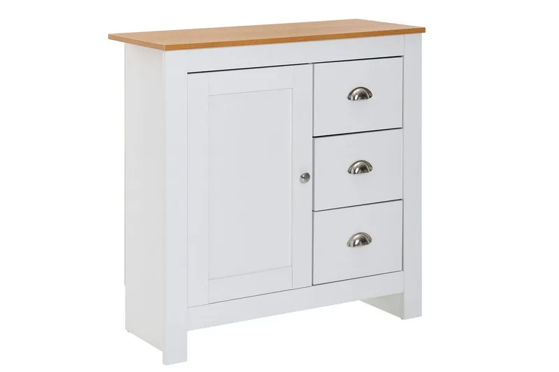 Kommode Wohnling med 3 skuffer 2 dører to-farget hvitt eik landlig stil