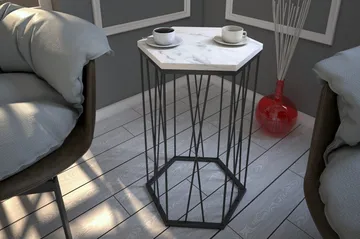 Falan Sidebord 40 cm Heksagon Marmormønster - Hvit/Svart - Møbler - Bord - Avlastningsbord & sidobord - Lampebord & sidebord