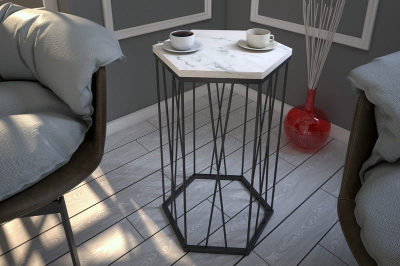 Falan Sidebord 40 cm Heksagon Marmormønster - Hvit/Svart - Møbler - Bord - Avlastningsbord & sidobord - Lampebord & sidebord