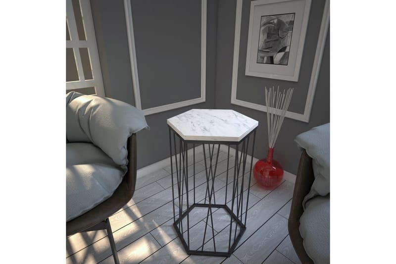 Falan Sidebord 40 cm Heksagon Marmormønster - Hvit/Svart - Møbler - Bord - Avlastningsbord & sidobord - Lampebord & sidebord