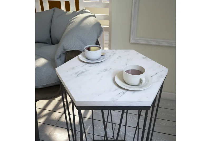 Falan Sidebord 40 cm Heksagon Marmormønster - Hvit/Svart - Møbler - Bord - Avlastningsbord & sidobord - Lampebord & sidebord