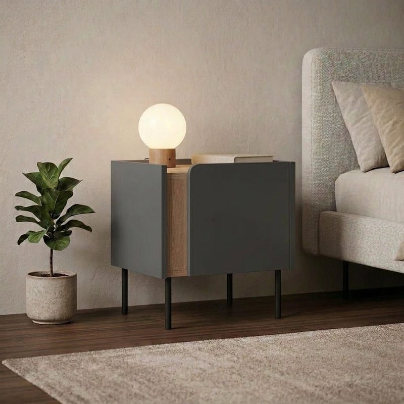 Lomar Nattbord 45,5x47,8x35 cm - Naturlig eik/Antrasitt/Svart - Møbler - Bord - Avlastningsbord & sidobord - Sengebord & nattbord