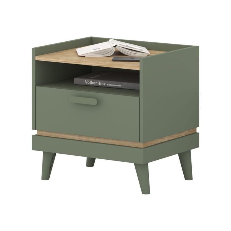 Nattbord Scandi 1 skuff - Falmet grønn - Oljet eik - Møbler - Bord - Avlastningsbord & sidobord - Sengebord & nattbord