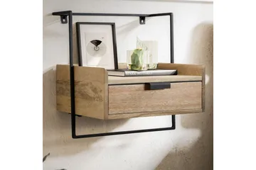 Nattbord Wohnling for veggmontering, laget av solid mangotre, med 1 skuff, industrielt-stil hylle Lysebrun - Lysebrun - Møbler - Bord - Avlastningsbord & sidobord - Sengebord & nattbord