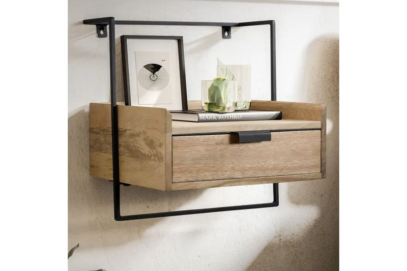 Nattbord Wohnling for veggmontering, laget av solid mangotre, med 1 skuff, industrielt-stil hylle Lysebrun - Lysebrun - Møbler - Bord - Avlastningsbord & sidobord - Sengebord & nattbord