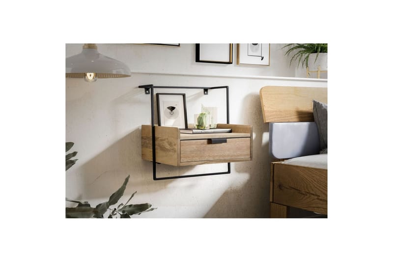 Nattbord Wohnling for veggmontering, laget av solid mangotre, med 1 skuff, industrielt-stil hylle Lysebrun - Lysebrun - Møbler - Bord - Avlastningsbord & sidobord - Sengebord & nattbord