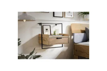 Nattbord Wohnling for veggmontering, laget av solid mangotre, med 1 skuff, industrielt-stil hylle Lysebrun - Lysebrun - Møbler - Bord - Avlastningsbord & sidobord - Sengebord & nattbord