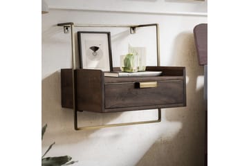 Nattbord Wohnling for veggmontering, laget av solid mangotre, med 1 skuff, industrielt-stil hylle mørkebrun - mørkebrun - Møbler - Bord - Avlastningsbord & sidobord - Sengebord & nattbord