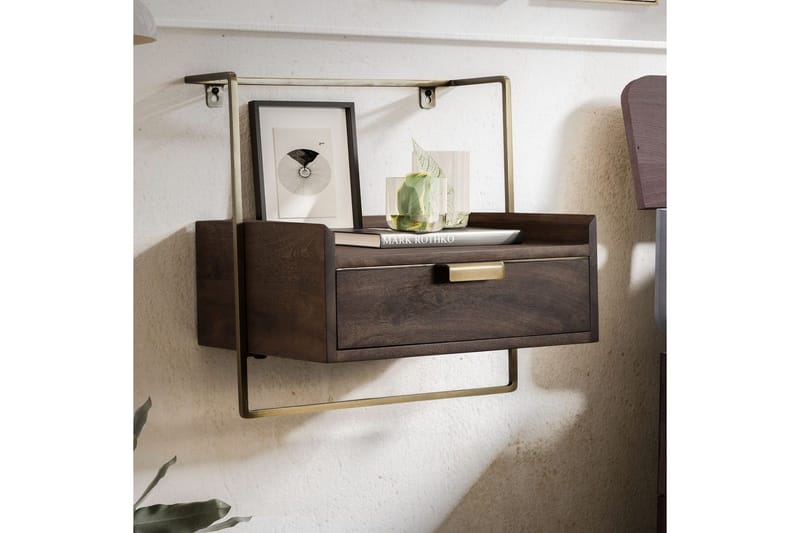 Nattbord Wohnling for veggmontering, laget av solid mangotre, med 1 skuff, industrielt-stil hylle mørkebrun - mørkebrun - Møbler - Bord - Avlastningsbord & sidobord - Sengebord & nattbord