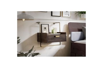 Nattbord Wohnling for veggmontering, laget av solid mangotre, med 1 skuff, industrielt-stil hylle mørkebrun - mørkebrun - Møbler - Bord - Avlastningsbord & sidobord - Sengebord & nattbord