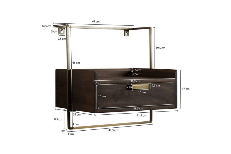 Nattbord Wohnling for veggmontering, laget av solid mangotre, med 1 skuff, industrielt-stil hylle mørkebrun - mørkebrun - Møbler - Bord - Avlastningsbord & sidobord - Sengebord & nattbord