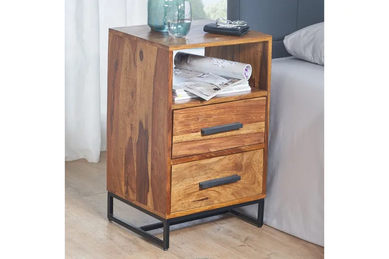 Nattbord Wohnling Heltre for kontinentalsenger med 2 skuffer oppbevaringshylle landlig stil - Møbler - Bord - Avlastningsbord & sidobord - Sengebord & nattbord