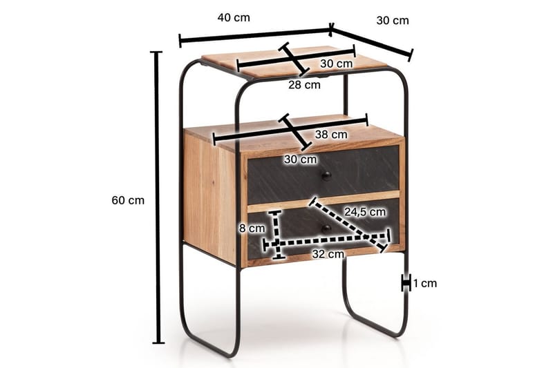 Nattbord Wohnling Heltre med 2 flytende skuffer i en metallramme - Møbler - Bord - Avlastningsbord & sidobord - Sengebord & nattbord