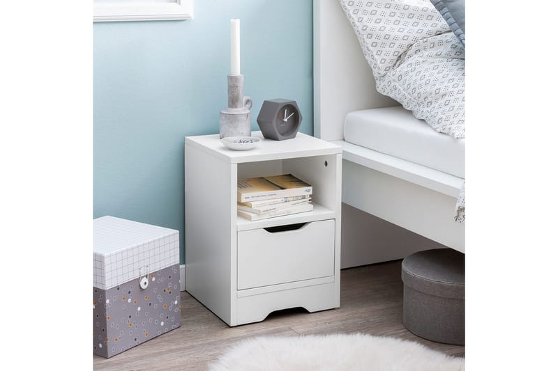 Nattbord Wohnling Hvit med 1 skuff Enkel moderne design og hylle - Møbler - Bord - Avlastningsbord & sidobord - Sengebord & nattbord