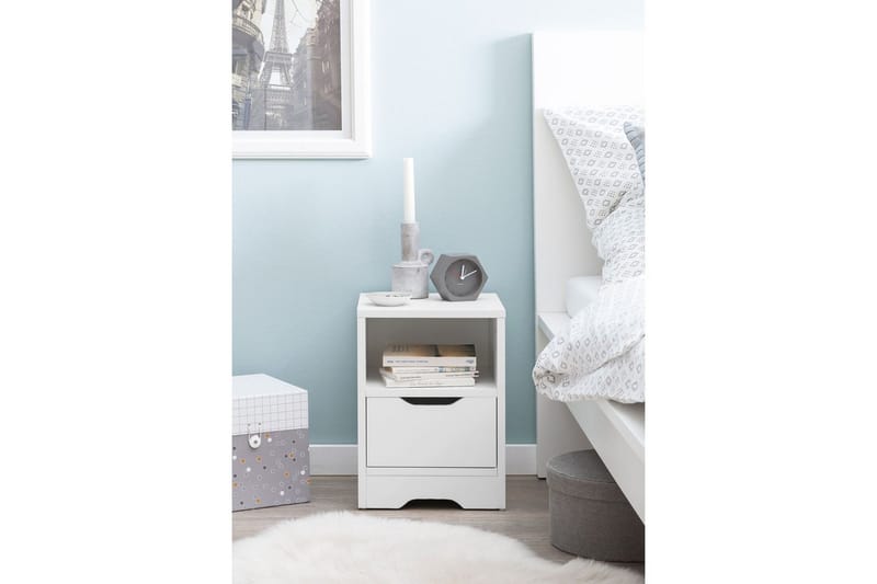 Nattbord Wohnling Hvit med 1 skuff Enkel moderne design og hylle - Møbler - Bord - Avlastningsbord & sidobord - Sengebord & nattbord