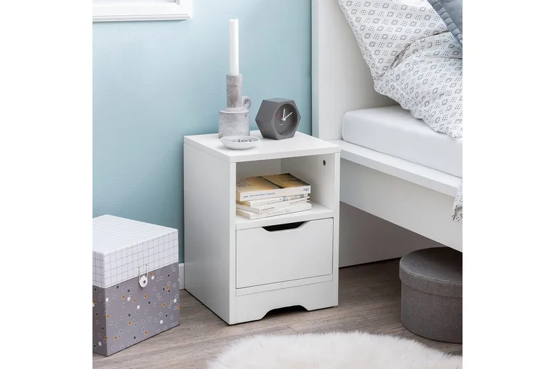Nattbord Wohnling Hvit med 1 skuff Enkel moderne design og hylle - Møbler - Bord - Avlastningsbord & sidobord - Sengebord & nattbord