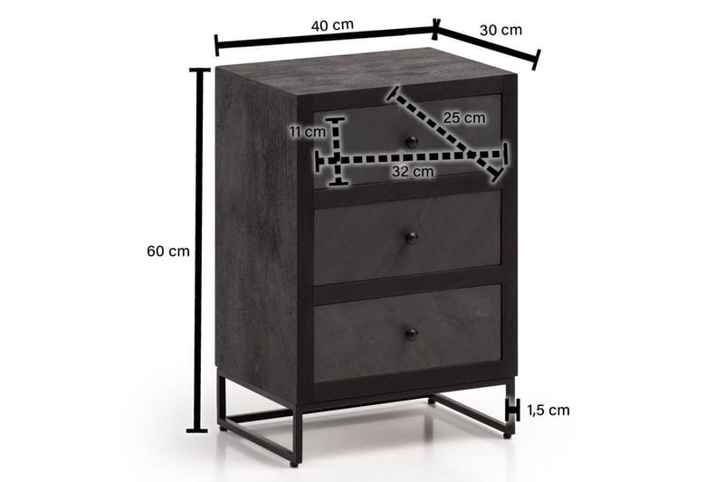 Nattbord Wohnling laget av massivt tre for kontinentalseng med 3 skuffer, skiferutseende, i landlig stil Svart - Svart - Møbler - Bord - Avlastningsbord & sidobord - Sengebord & nattbord
