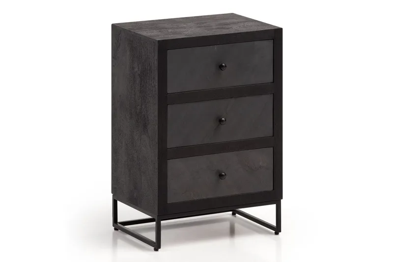 Nattbord Wohnling laget av massivt tre for kontinentalseng med 3 skuffer, skiferutseende, i landlig stil Svart, Svart