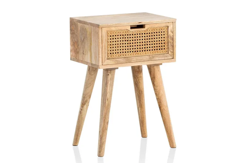 Nattbord Wohnling Massivt mangotre med 1 skuff med wienerfletting i moderne design Lysebrun