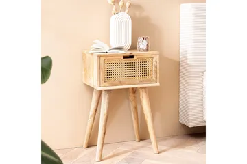 Nattbord Wohnling Massivt mangotre med 1 skuff med wienerfletting i moderne design Lysebrun - Møbler - Bord - Avlastningsbord & sidobord - Sengebord & nattbord