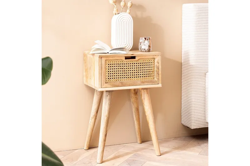 Nattbord Wohnling Massivt mangotre med 1 skuff med wienerfletting i moderne design Lysebrun - Møbler - Bord - Avlastningsbord & sidobord - Sengebord & nattbord