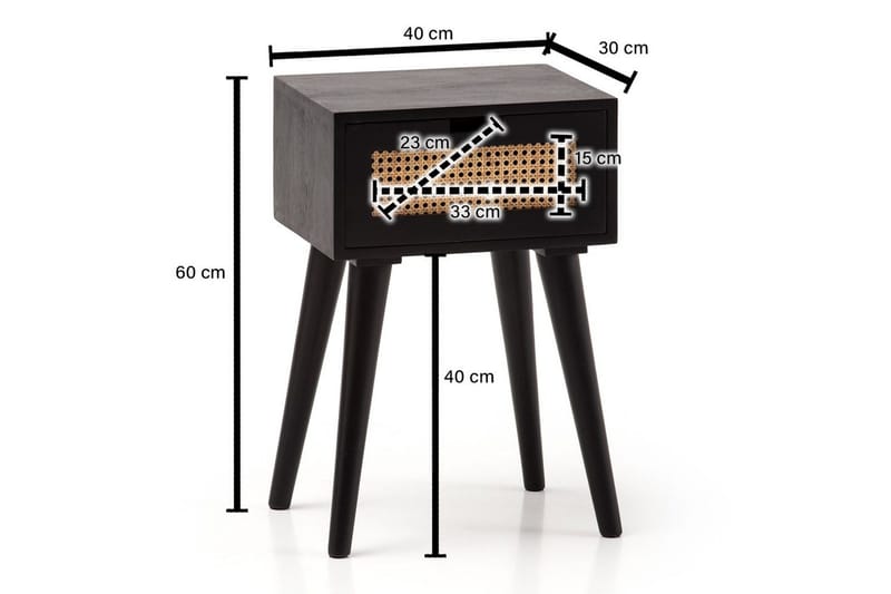 Nattbord Wohnling Massivt mangotre med 1 skuff med wienerfletting i moderne design Svart - Svart - Møbler - Bord - Avlastningsbord & sidobord - Sengebord & nattbord