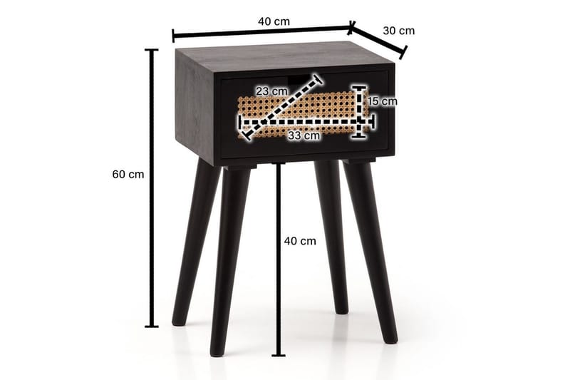Nattbord Wohnling Massivt mangotre med 1 skuff med wienerfletting i moderne design Svart - Svart - Møbler - Bord - Avlastningsbord & sidobord - Sengebord & nattbord