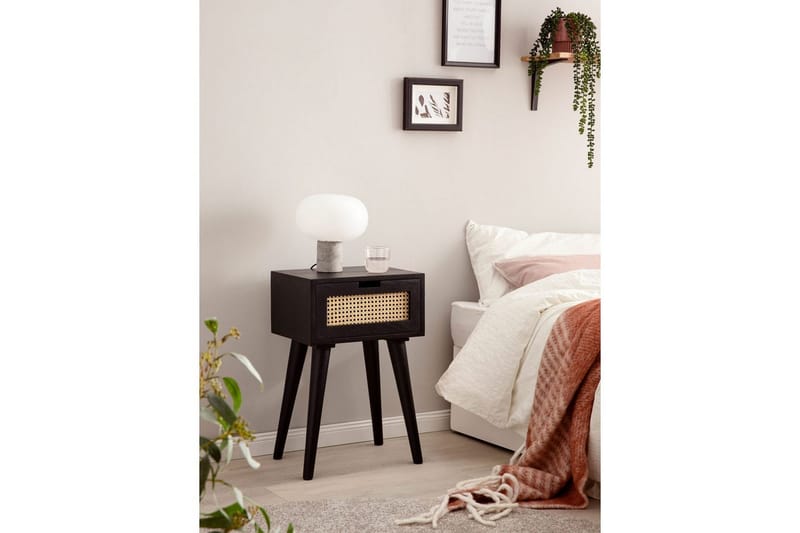 Nattbord Wohnling Massivt mangotre med 1 skuff med wienerfletting i moderne design Svart - Møbler - Bord - Avlastningsbord & sidobord - Sengebord & nattbord