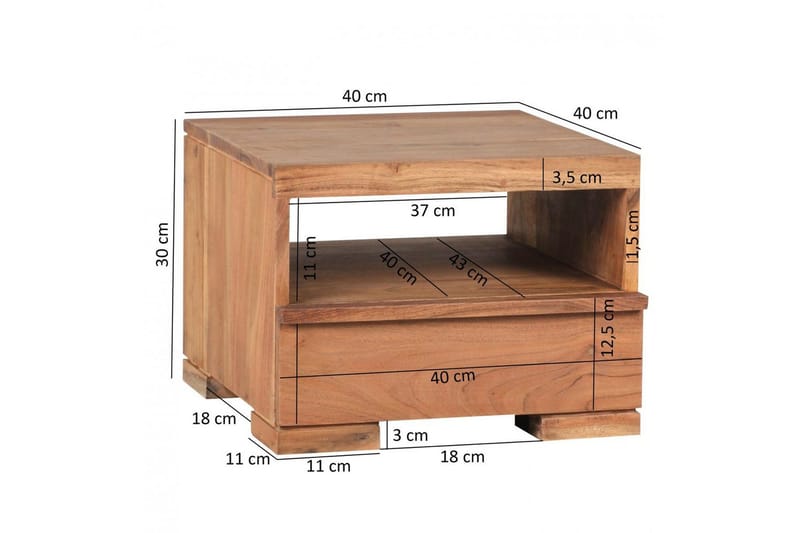 Nattbord Wohnling Massivt tre med skuff og hylle i lav design i landlig stil Akasie - Akasie - Møbler - Bord - Avlastningsbord & sidobord - Sengebord & nattbord