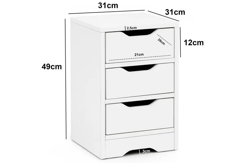 Nattbord Wohnling med 3 skuffer i et enkelt, moderne design for rammemadrass Hvit - Hvit - Møbler - Bord - Avlastningsbord & sidobord - Sengebord & nattbord
