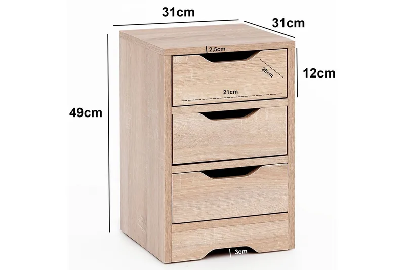 Nattbord Wohnling med 3 skuffer i et enkelt, moderne design for rammemadrass Sonoma - Sonoma - Møbler - Bord - Avlastningsbord & sidobord - Sengebord & nattbord