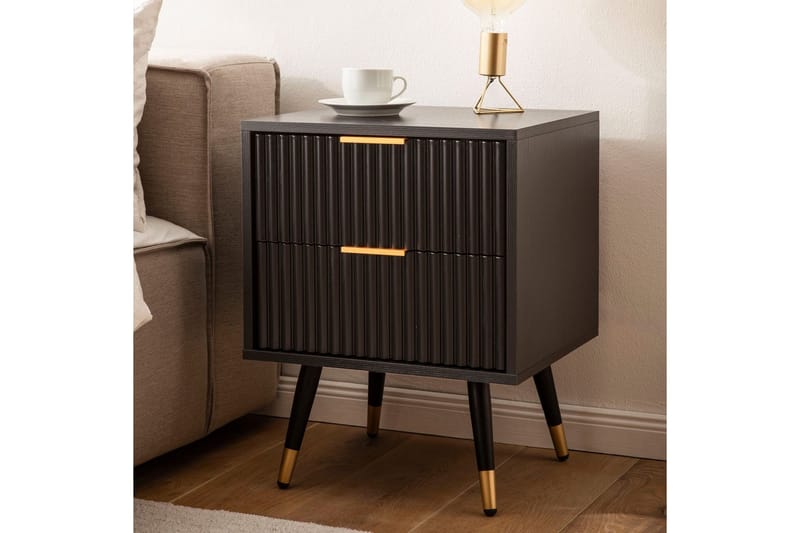 Nattbord Wohnling Moderne utseende med 2 skuffer laget av sponplater med eikeeffekt og blanke høydepunkter - Møbler - Bord - Avlastningsbord & sidobord - Sengebord & nattbord
