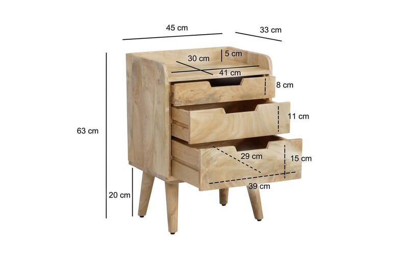 Nattbord Wohnling Moderne utseende med 3 skuffer laget av solid mangotre og en lagringshylle - Møbler - Bord - Avlastningsbord & sidobord - Sengebord & nattbord